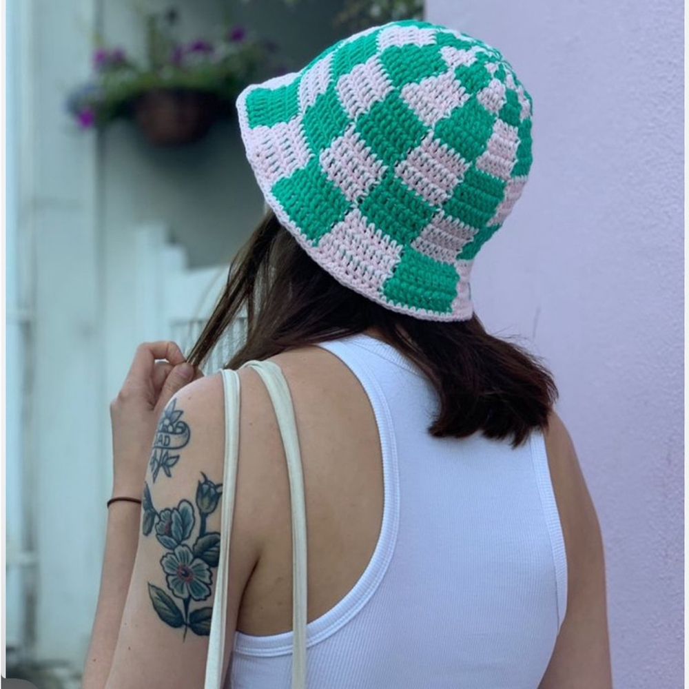 anthropologie wyeth Green and White Checkered bucket Hat - Picture 2 of 6